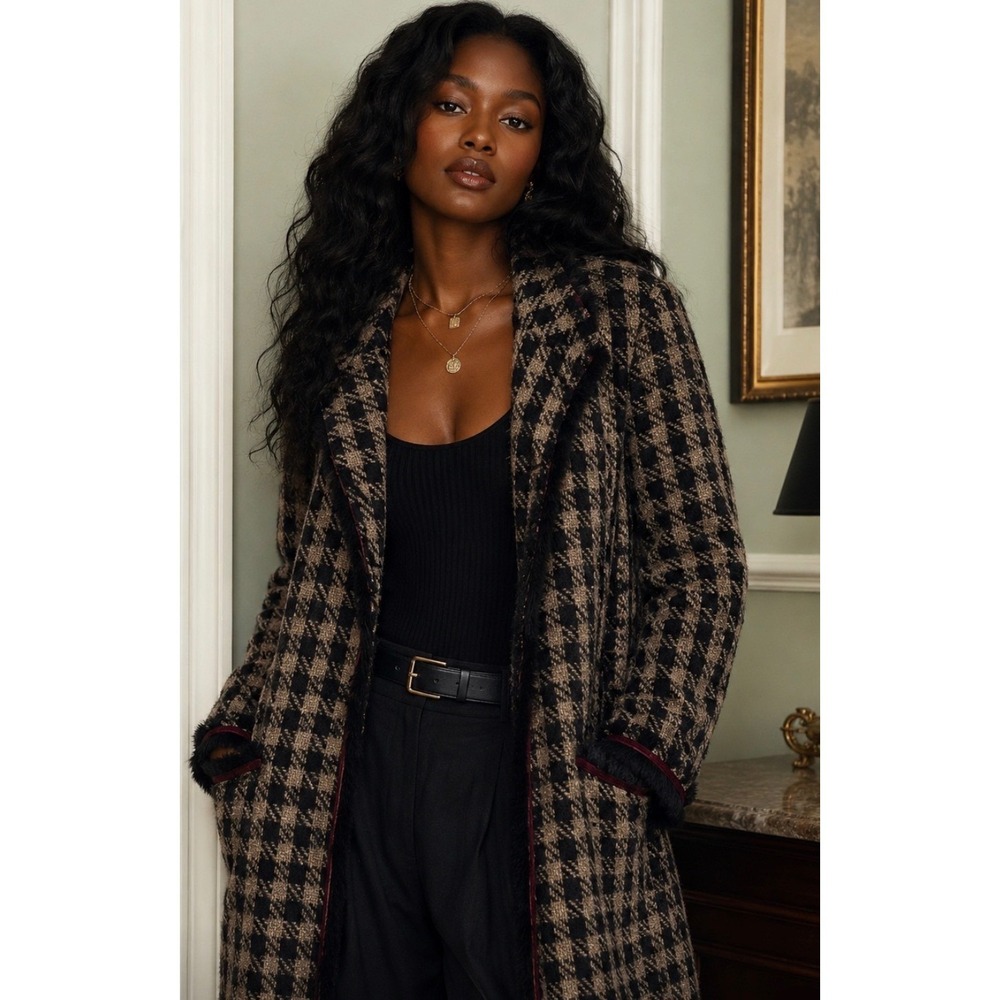 DS Essentials Faux Fur Trim Houndstooth Long Jacket Coat pink black SPRING